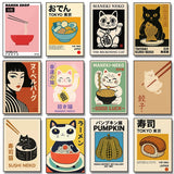 Good Luck Cat Maneki Neko Cat Ramen Sushi Anime Painting Canvas Print, Japanese Poster for Living Room Kitchen Decor Cuadros