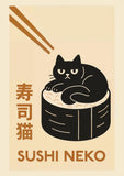 Good Luck Cat Maneki Neko Cat Ramen Sushi Anime Painting Canvas Print, Japanese Poster for Living Room Kitchen Decor Cuadros