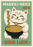 Good Luck Cat Maneki Neko Cat Ramen Sushi Anime Painting Canvas Print, Japanese Poster for Living Room Kitchen Decor Cuadros